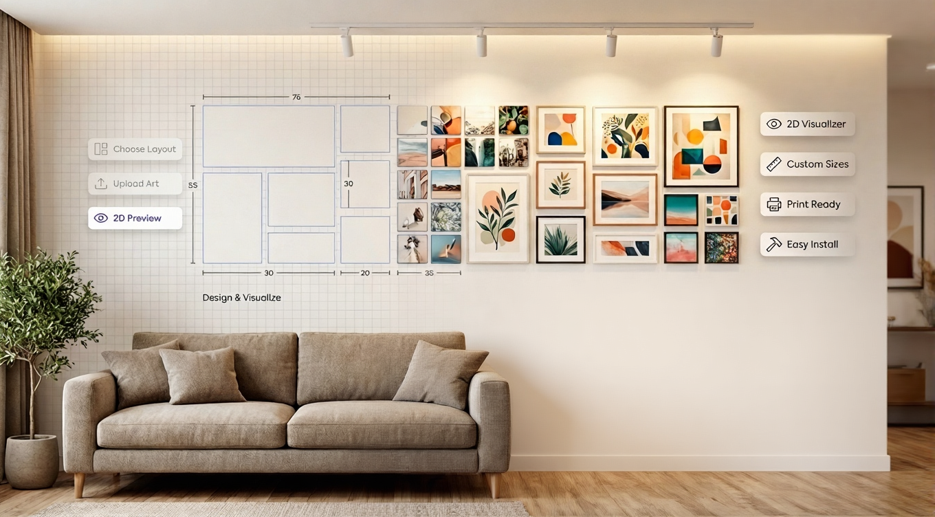 DapHub photo tiles and grid wall art in a living room setting