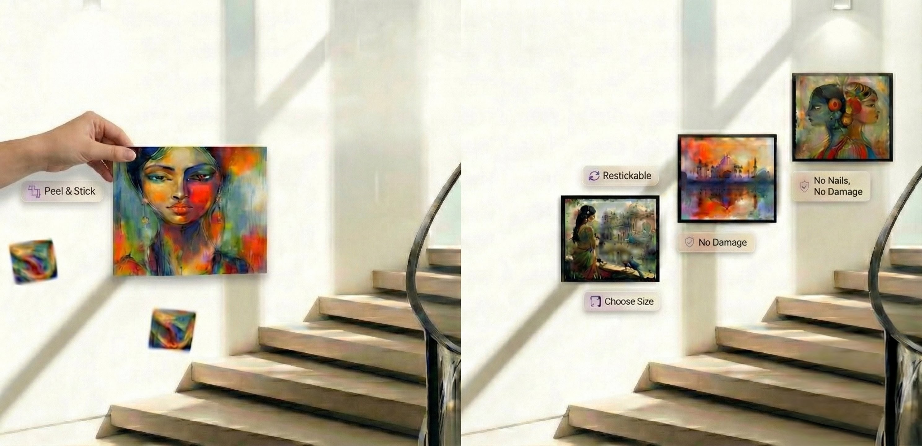 Creative no-nail wall art display with DAP-TILES in a bedroom